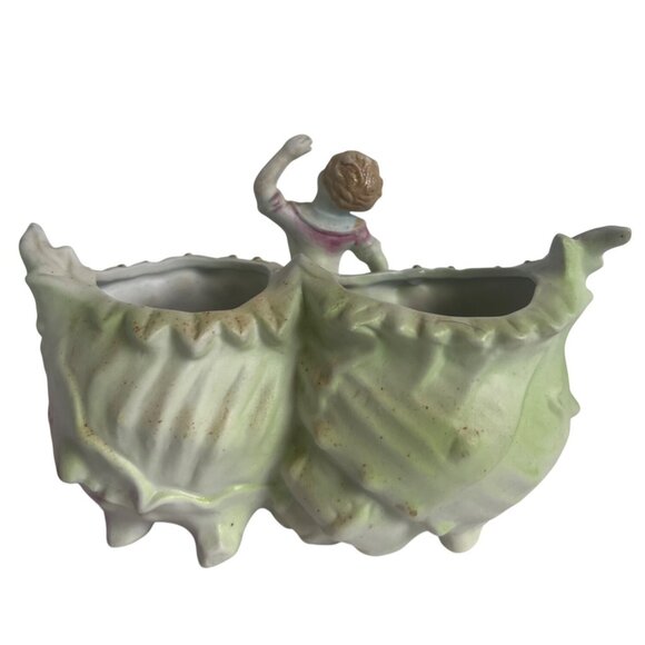 Vtg Victorian Porcelain Figural Double Shell Planter With Dancing Girl Figurine - Picture 5 of 11